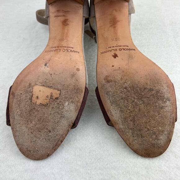Authentic Manolo Blahnik Brown Gray Suede Strappy Sandal Block Heel 38.5 (US 8) - Picture 14 of 16